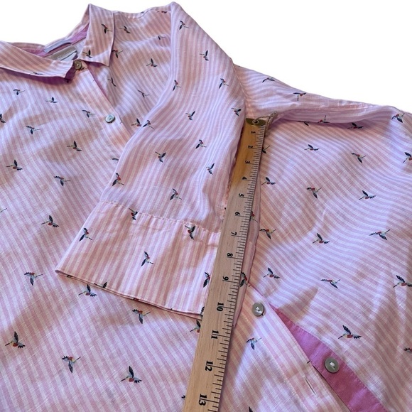 Chico's Linen Pink White Stripe Hummingbird 3/4 Sleeve Button Down Size 2/Large - Picture 10 of 13